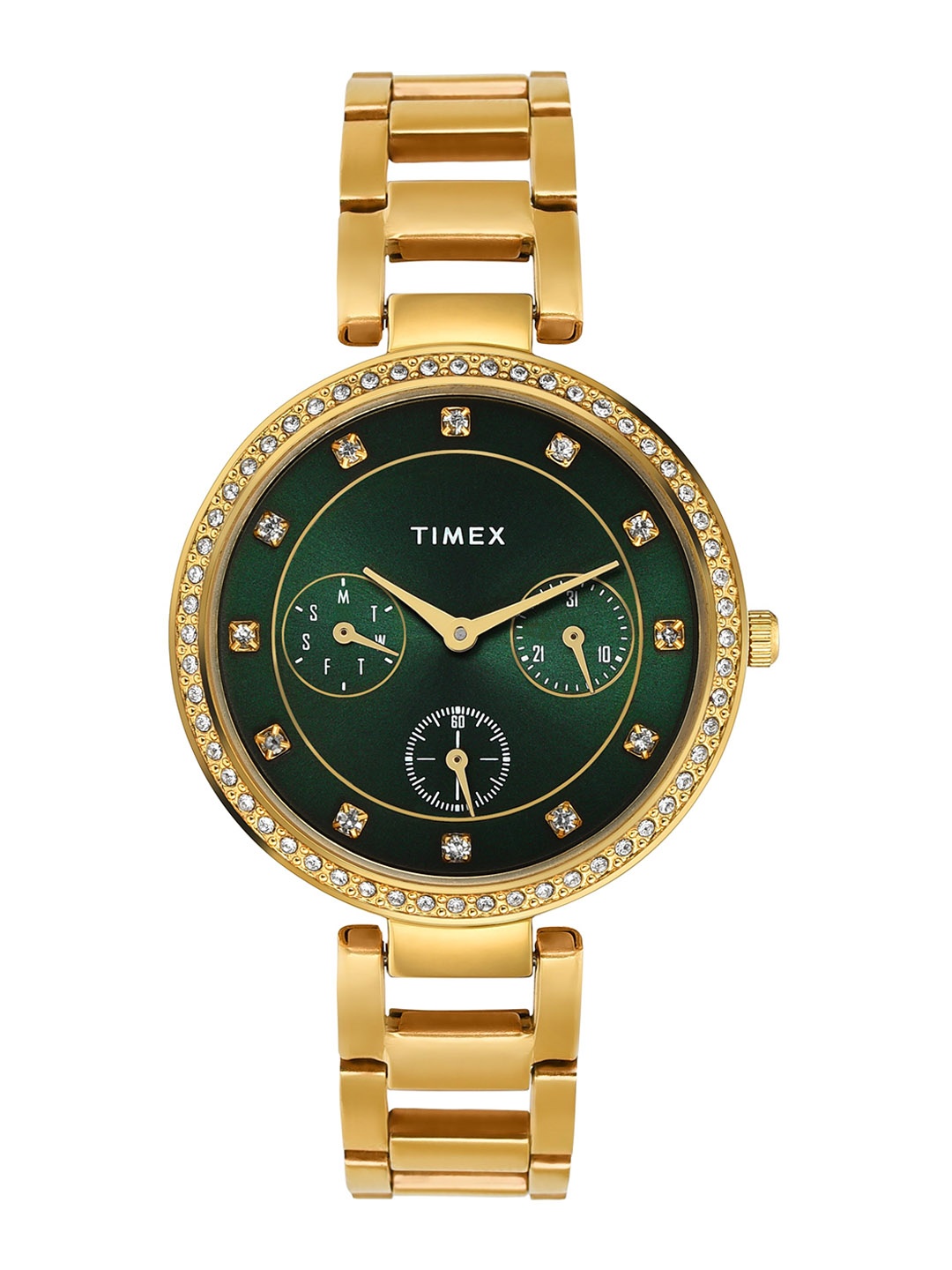 

Timex Women Embellished Dial & Stainless Steel Straps Analogue Watch TWEL18700, Green