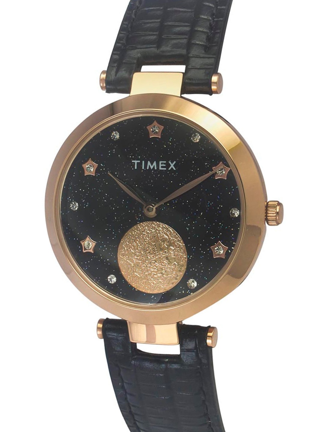 

Timex Women Brass Embellished Dial & Leather Straps Analogue Watch TWEL19203, Black