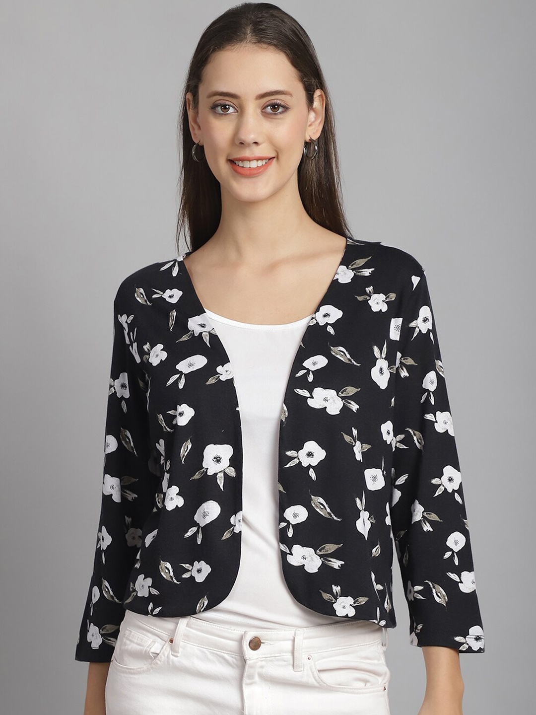 

Rute Cotton Printed Open Front Shrug, Black