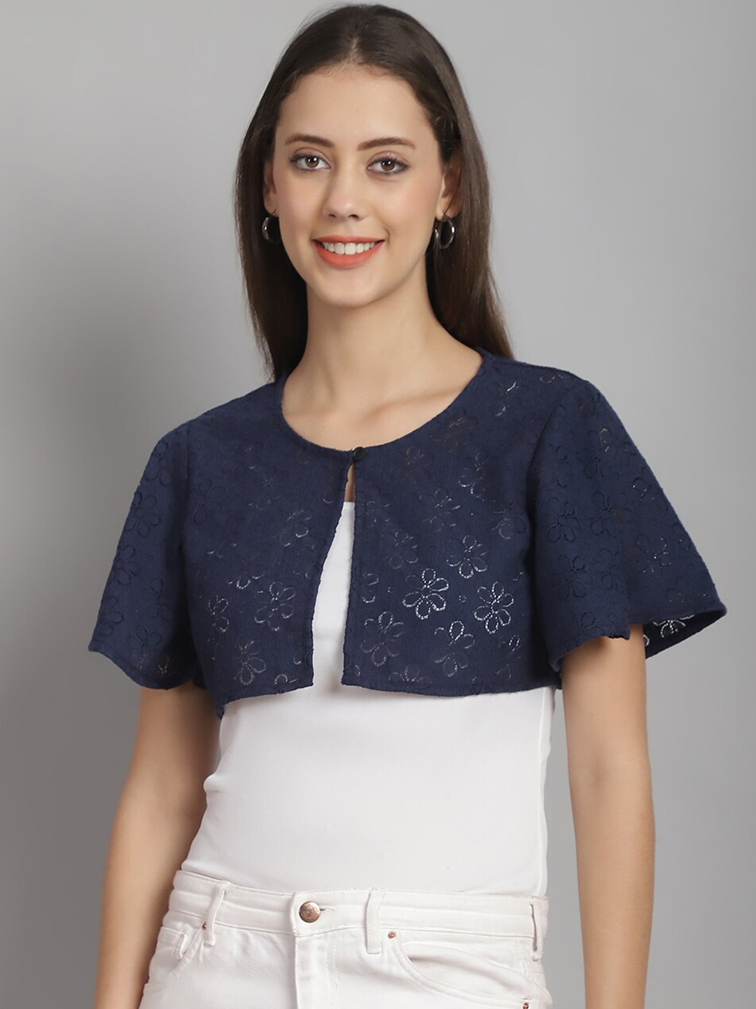 

Rute Cotton Crop Button Shrug, Navy blue