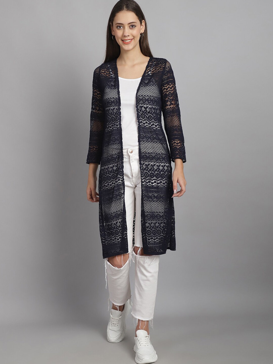

Rute Women Cotton Longline Shrug, Navy blue
