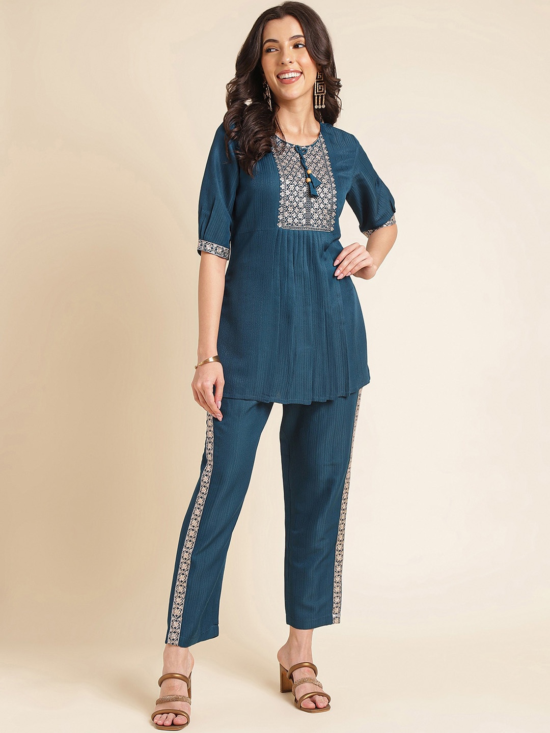 

NAINVISH Embroidered Pleated Top & Flared Trouser, Blue