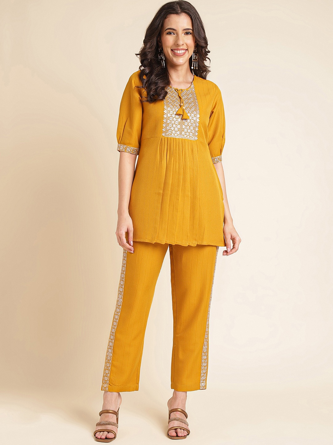

NAINVISH Embroidered Pleated Top & Flared Trouser, Yellow