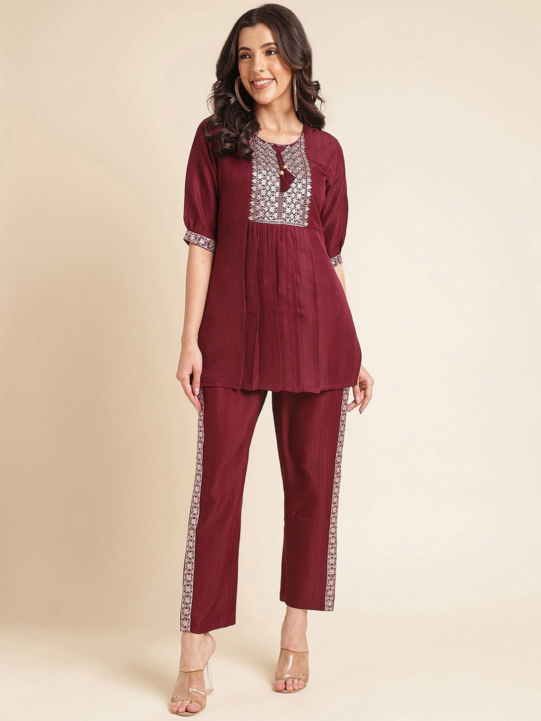 

NAINVISH Embroidered Pleated Top & Flared Trouser, Maroon