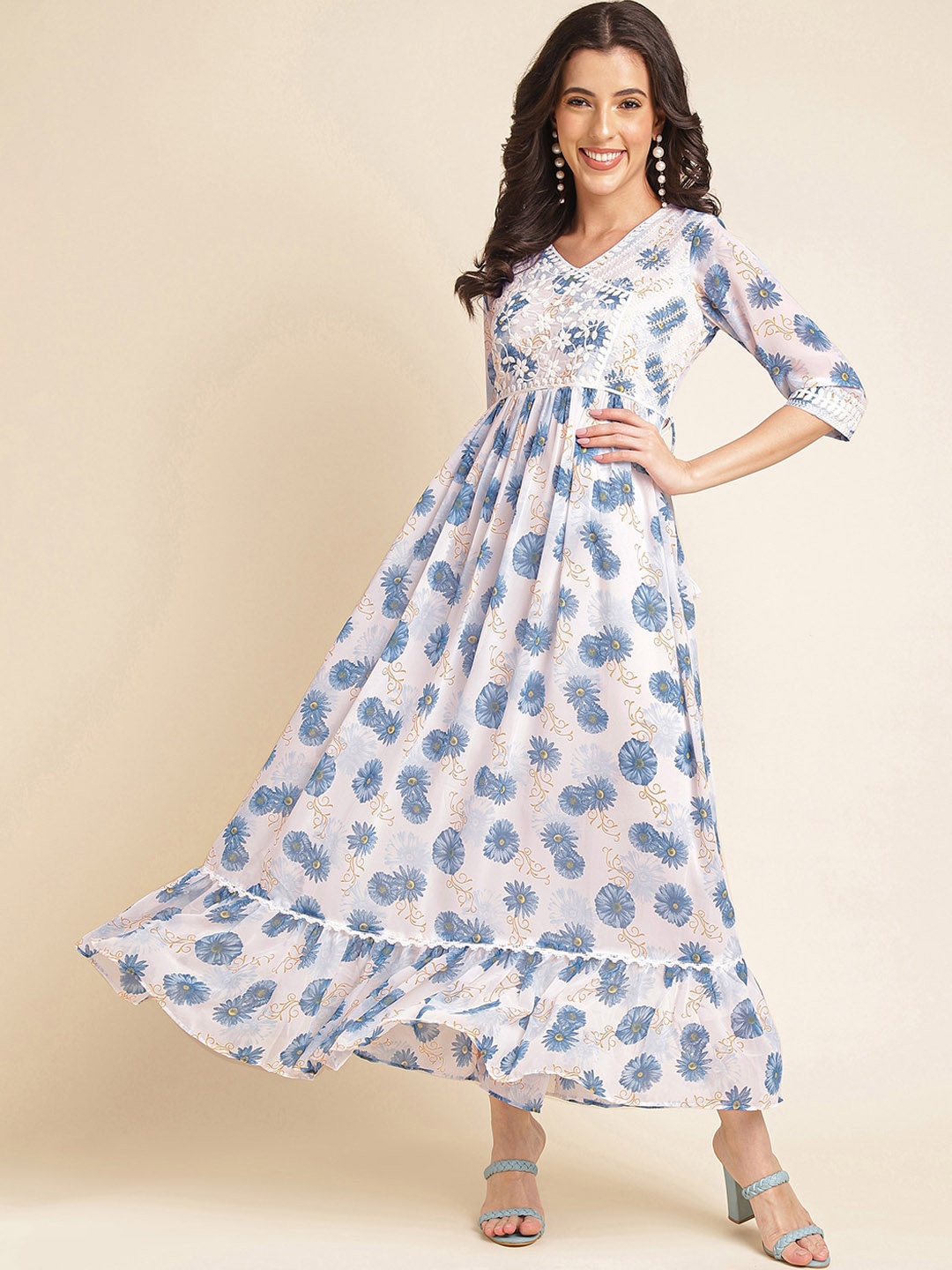 

NAINVISH Floral Printed V-Neck Embroidered Georgette Maxi Ethnic Dress, Blue