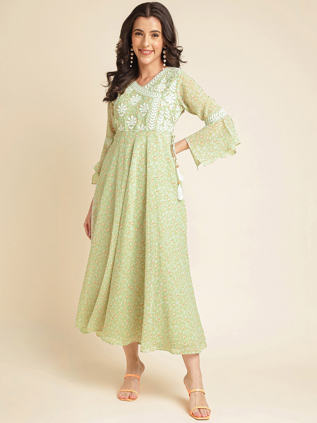 

NAINVISH Floral Printed V-Neck Bell Sleeves Embroidered Georgette Maxi Ethnic Dress, Green