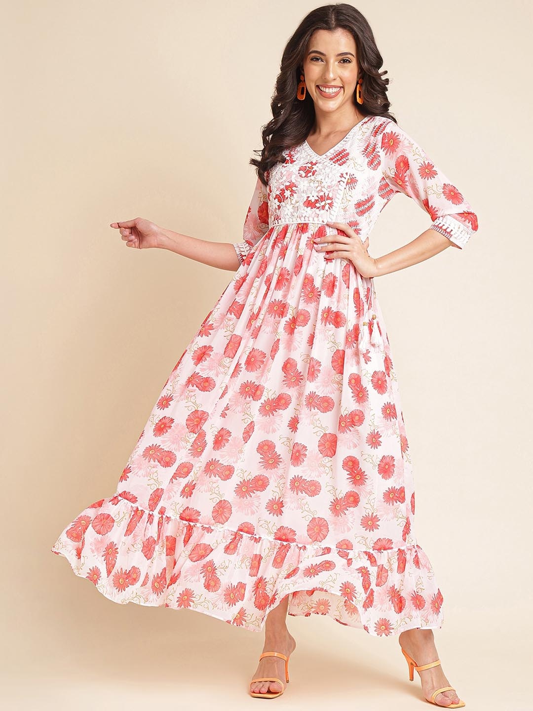

NAINVISH Floral Printed V-Neck Embroidered Georgette Maxi Ethnic Dress, Red