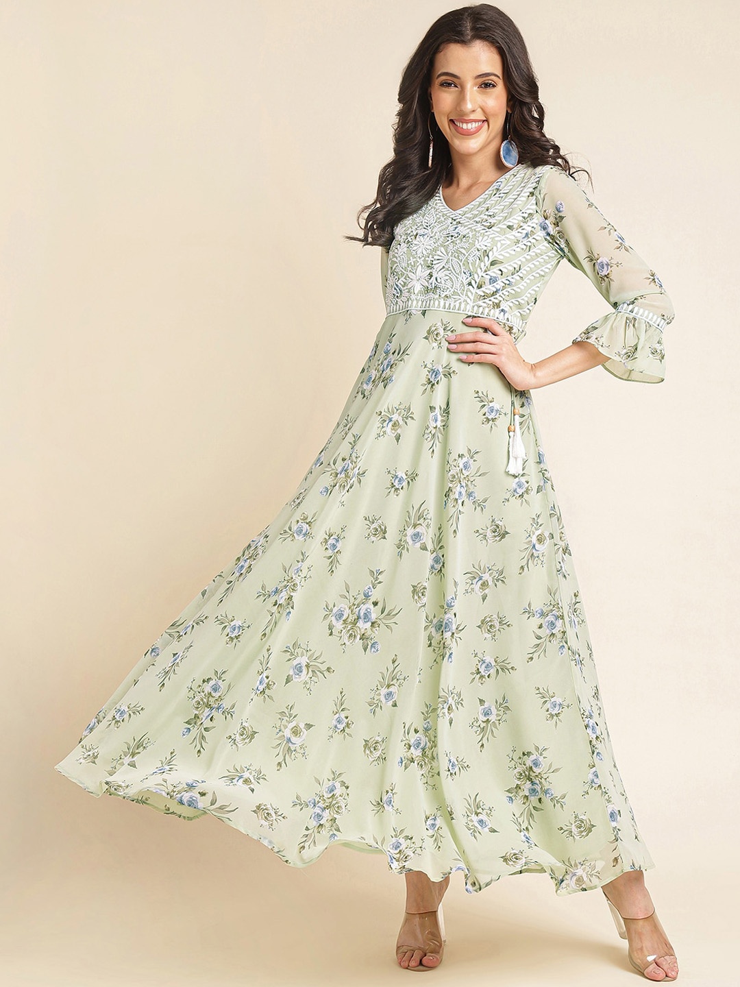 

NAINVISH Floral Printed V-Neck Bell Sleeves Embroidered Georgette Maxi Ethnic Dress, Green