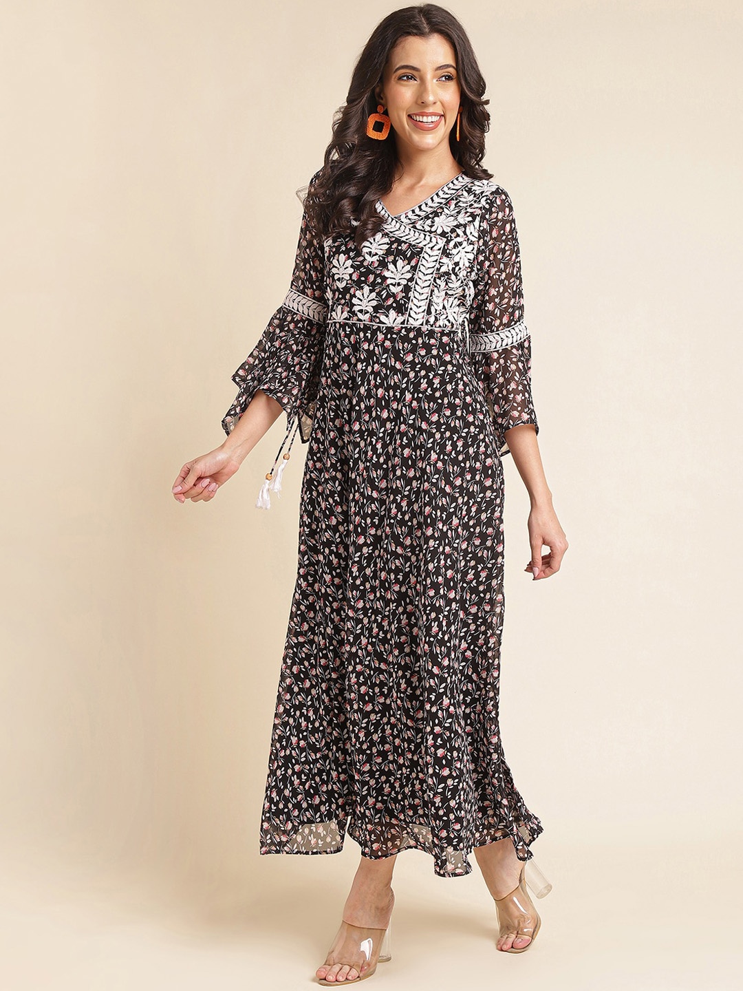 

NAINVISH Floral Printed & Embroidered Bell Sleeves Georgette Flared Maxi Ethnic Dress, Black