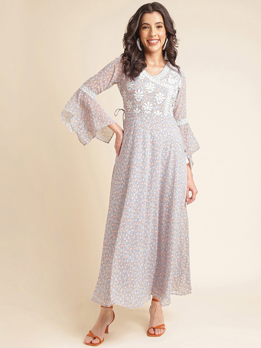 

NAINVISH Floral Printed & Embroidered Bell Sleeves Georgette Flared Maxi Ethnic Dress, Lavender