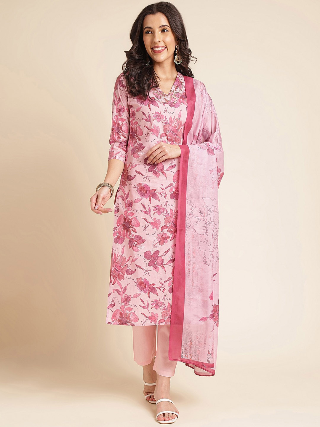 

NAINVISH Floral Printed Regular Thread Work Pure Cotton Kurta with Trousers & Dupatta, Pink