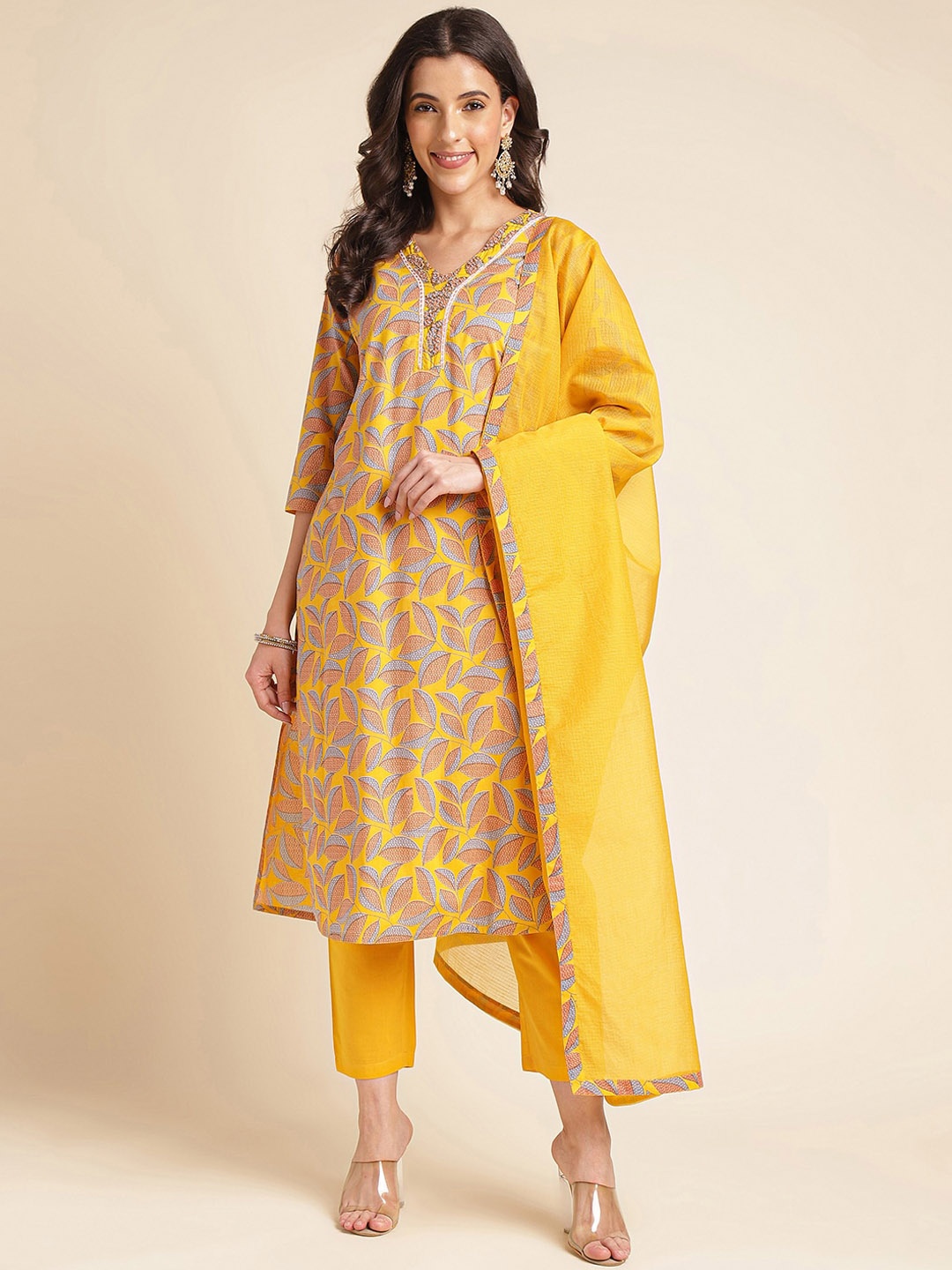 

NAINVISH Floral Printed Regular Thread Work Pure Cotton Kurta With Trousers & Dupatta, Yellow