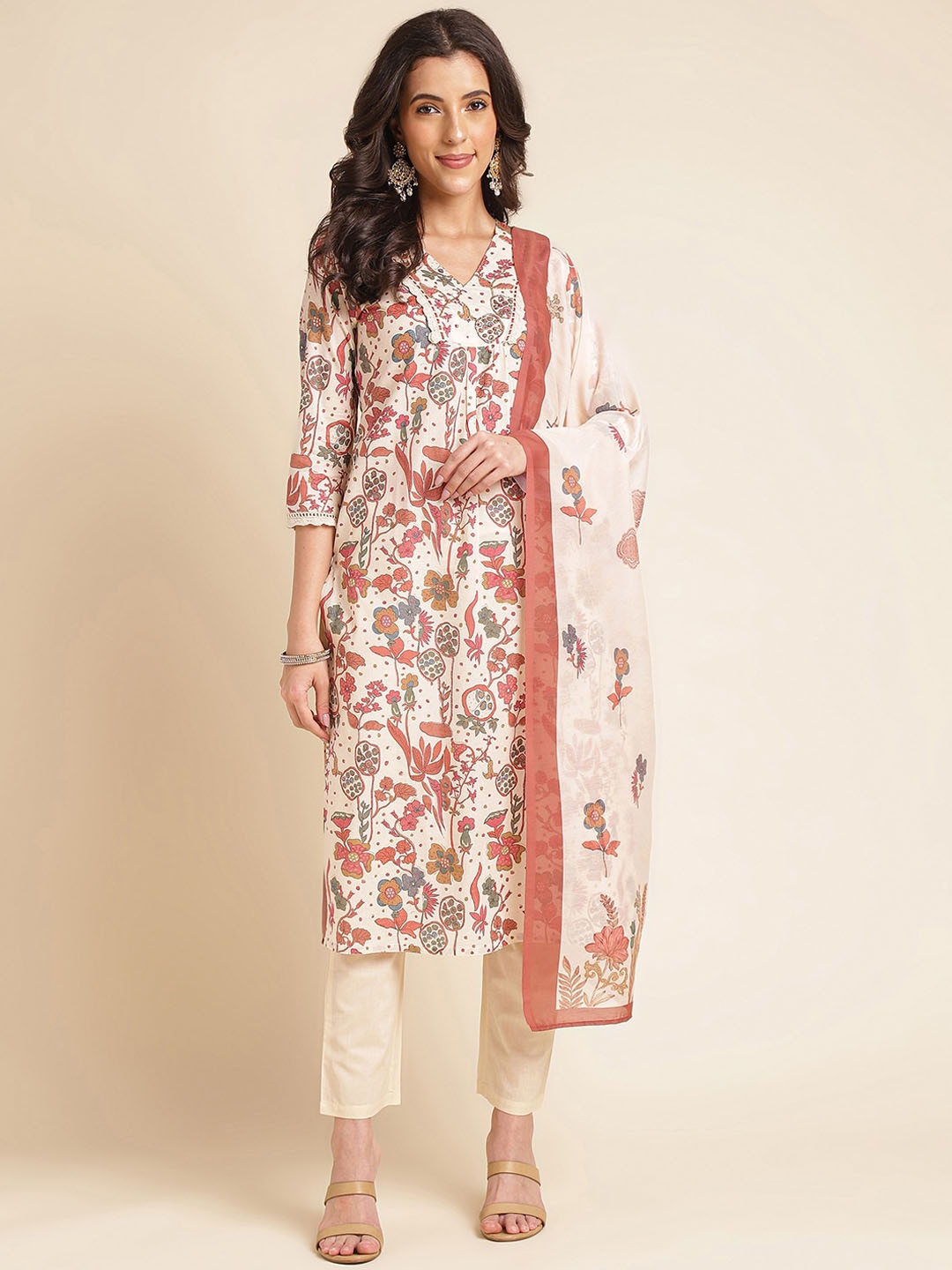 

NAINVISH Floral Printed Regular Thread Work Pure Cotton Kurta With Trousers & Dupatta, White