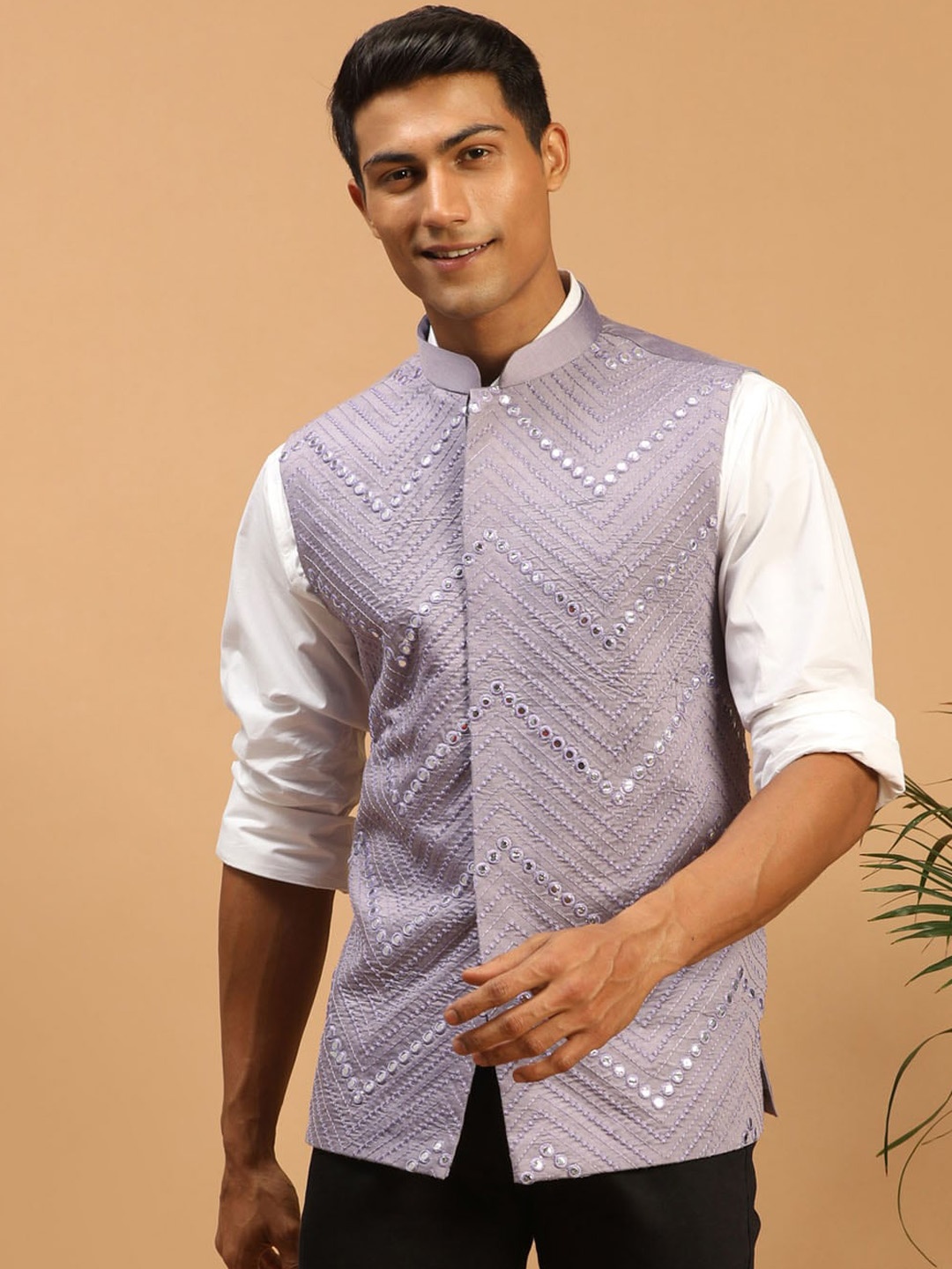

VASTRAMAY Mirror Work Woven Nehru Jacket, Purple