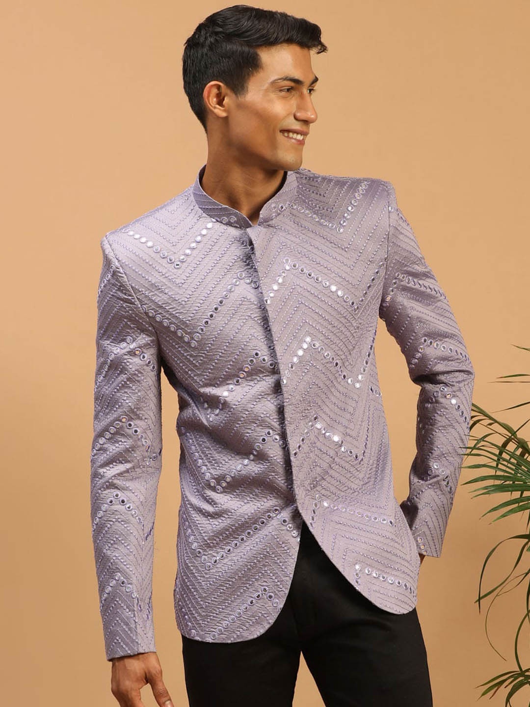 

VASTRAMAY Men Embroidered Slim Fit Single Breasted Bandhgala Blazer, Purple