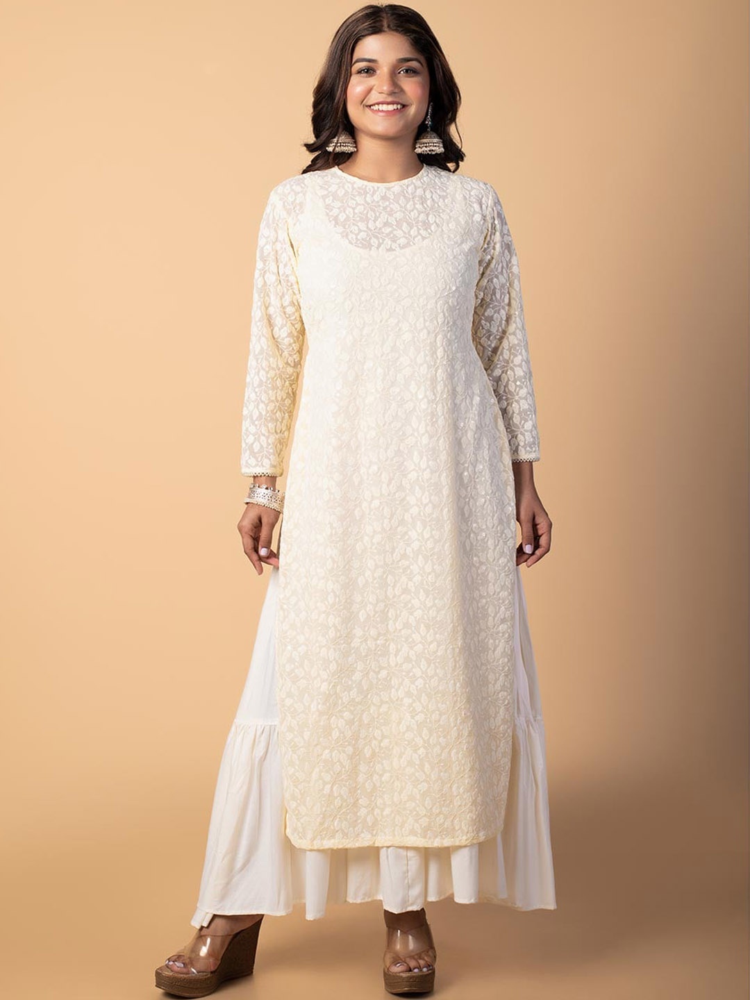 

NUD Women Striped Keyhole Neck Flared Sleeves Thread Work Georgette Kurta, White
