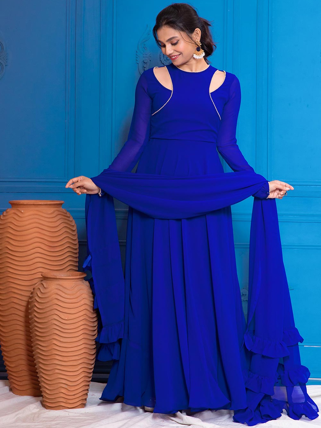 

NUD Women Striped Cold-Shoulder Sleeves Gotta Patti Georgette Anarkali Kurta, Blue