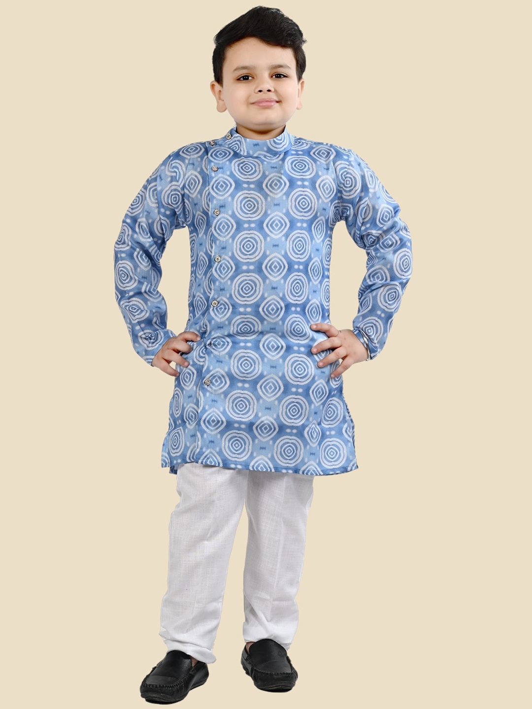 

BT DEZINES Boys Band Collar Printed Angrakha Pure Cotton Straight Kurta with Pyjamas, Blue