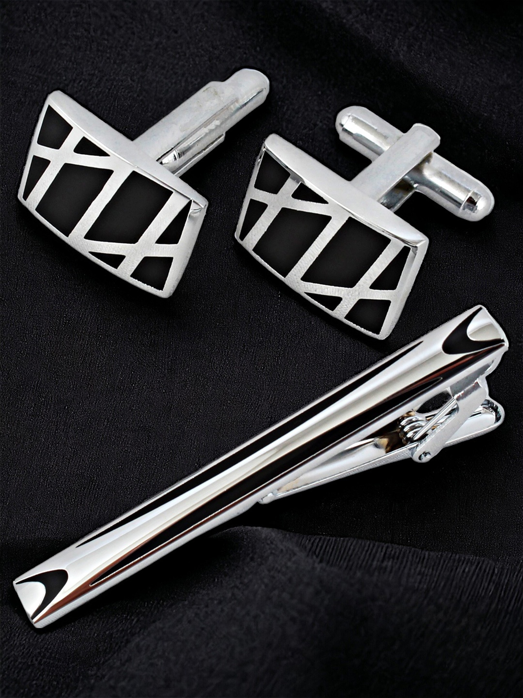 

LUCKY JEWELLERY Cufflink With Tie Pin Shirt Button Accessory Gift Set, Black