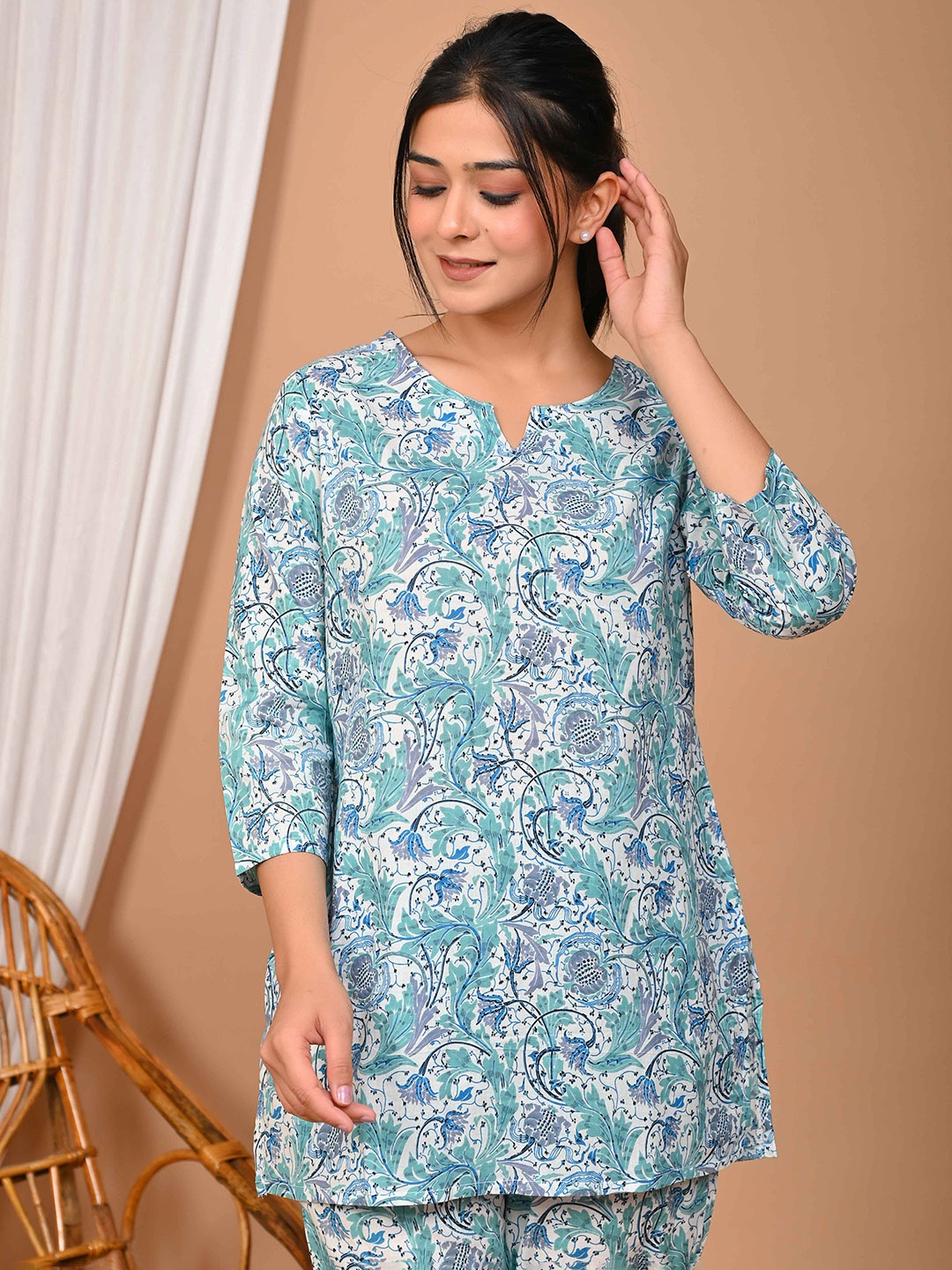 

Bhoolft Floral Printed Pure Cotton Night Suit, Blue