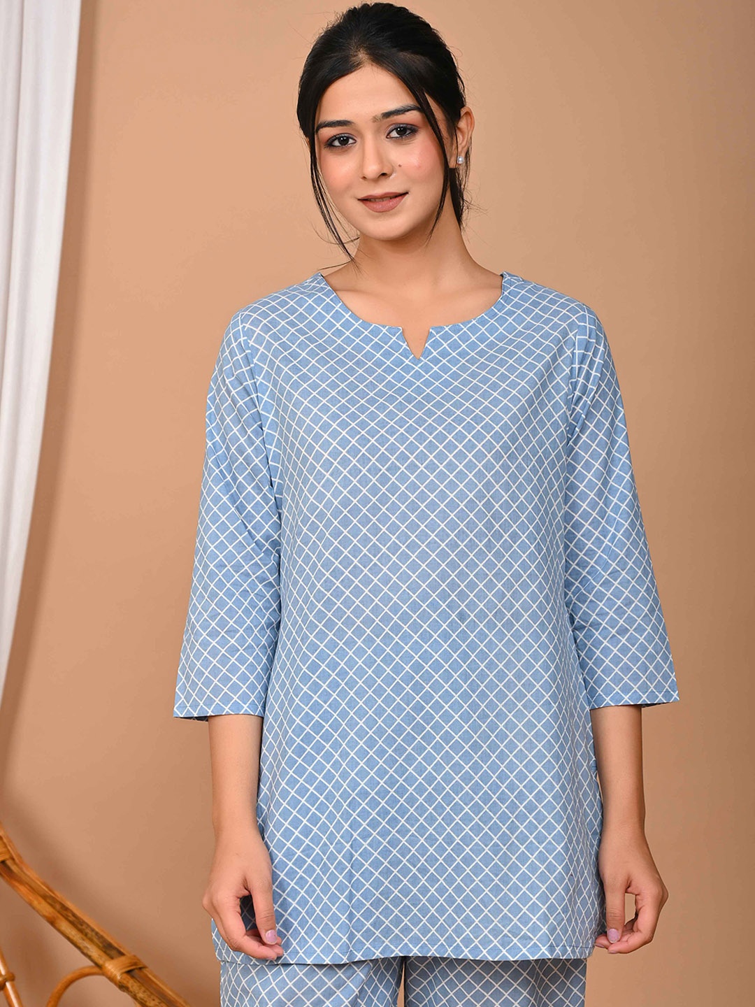 

Bhoolft Checked Pure Cotton Night Suit, Blue