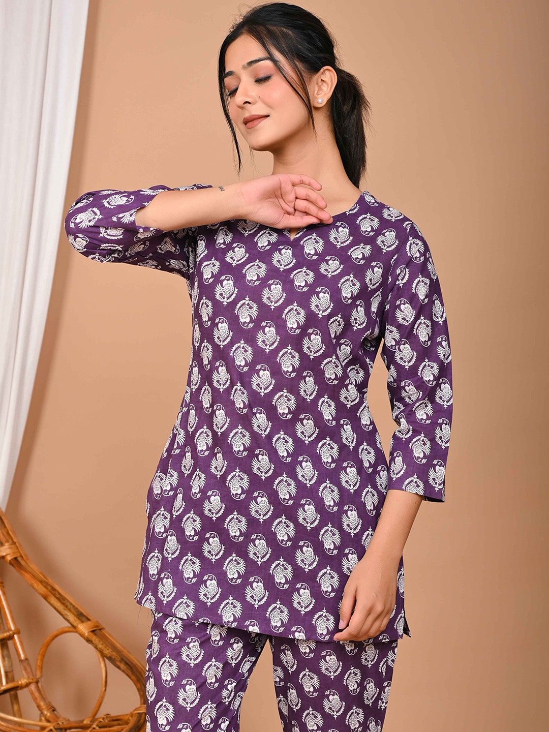 

Bhoolft Ethnic Motifs Printed Pure Cotton Night Suit, Purple