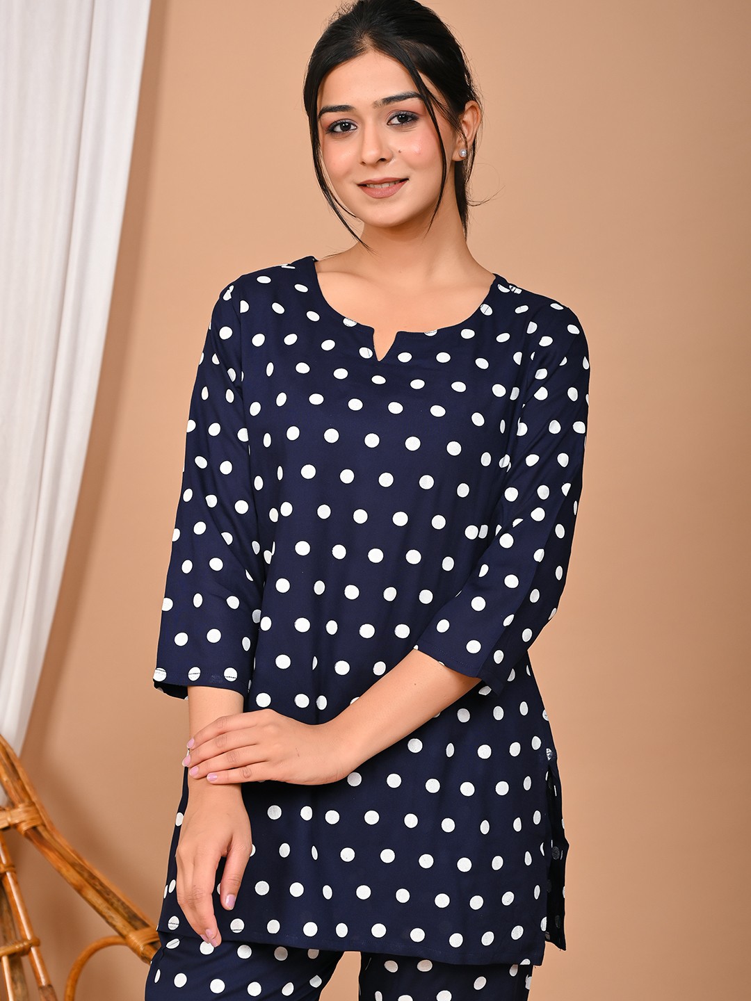 

Bhoolft Polka Dot Printed Pure Cotton Night Suit, Navy blue