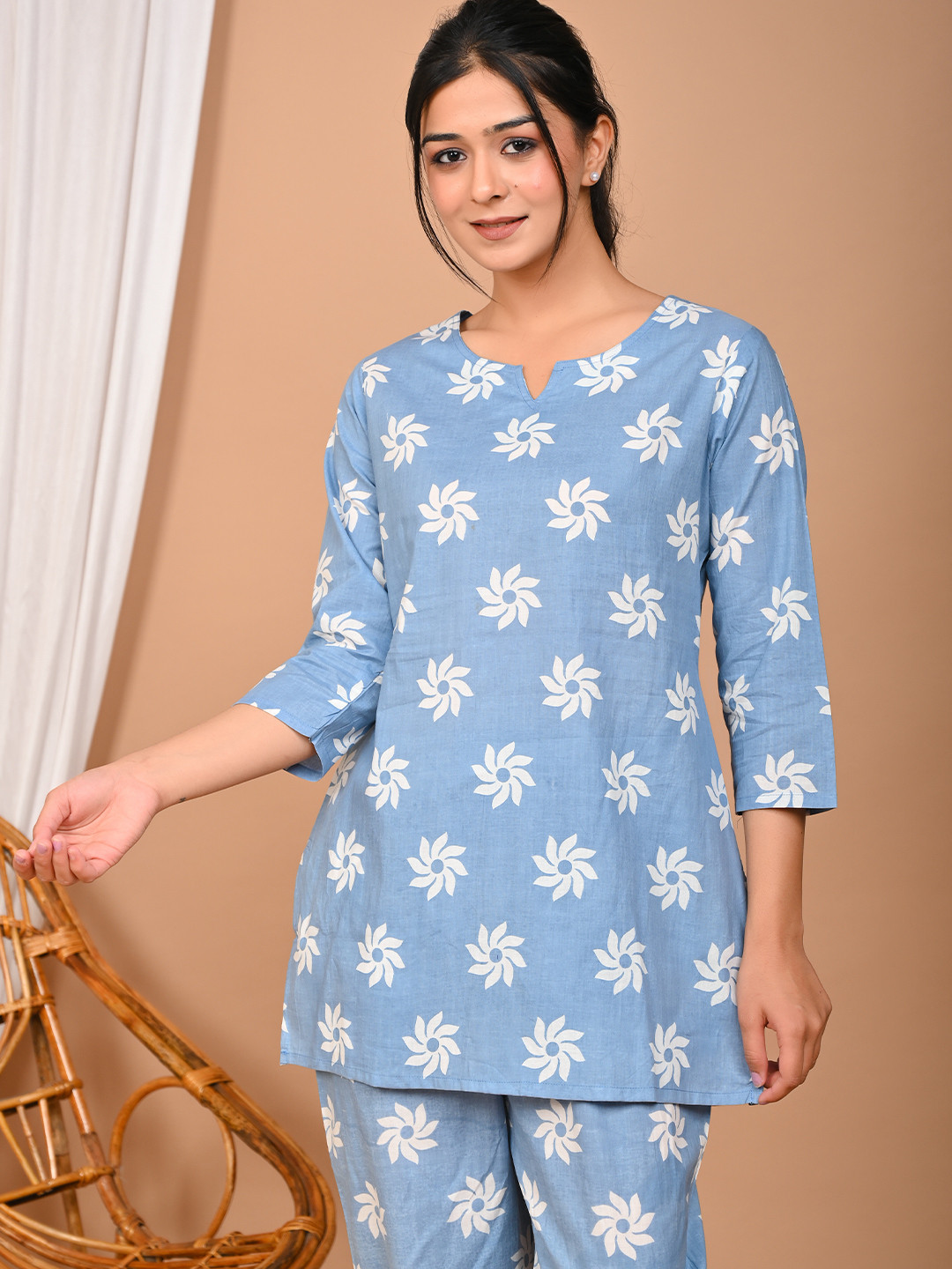 

Bhoolft Ethnic Motifs Printed Pure Cotton Night Suit, Blue