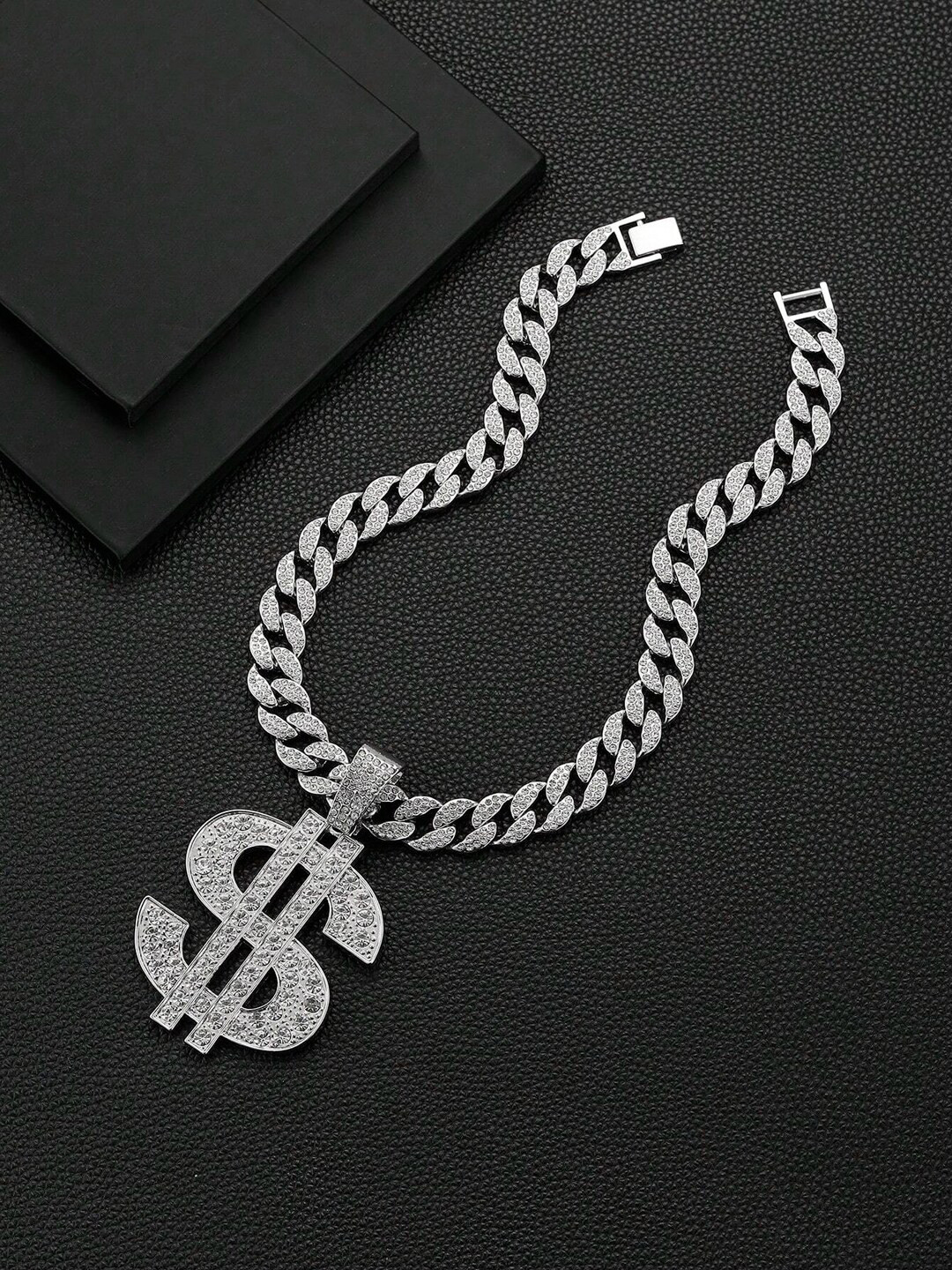 

FIMBUL Men Silver-Plated Rhinestone Studded Hip Hop Style Dollar Sign Pendant with Chain