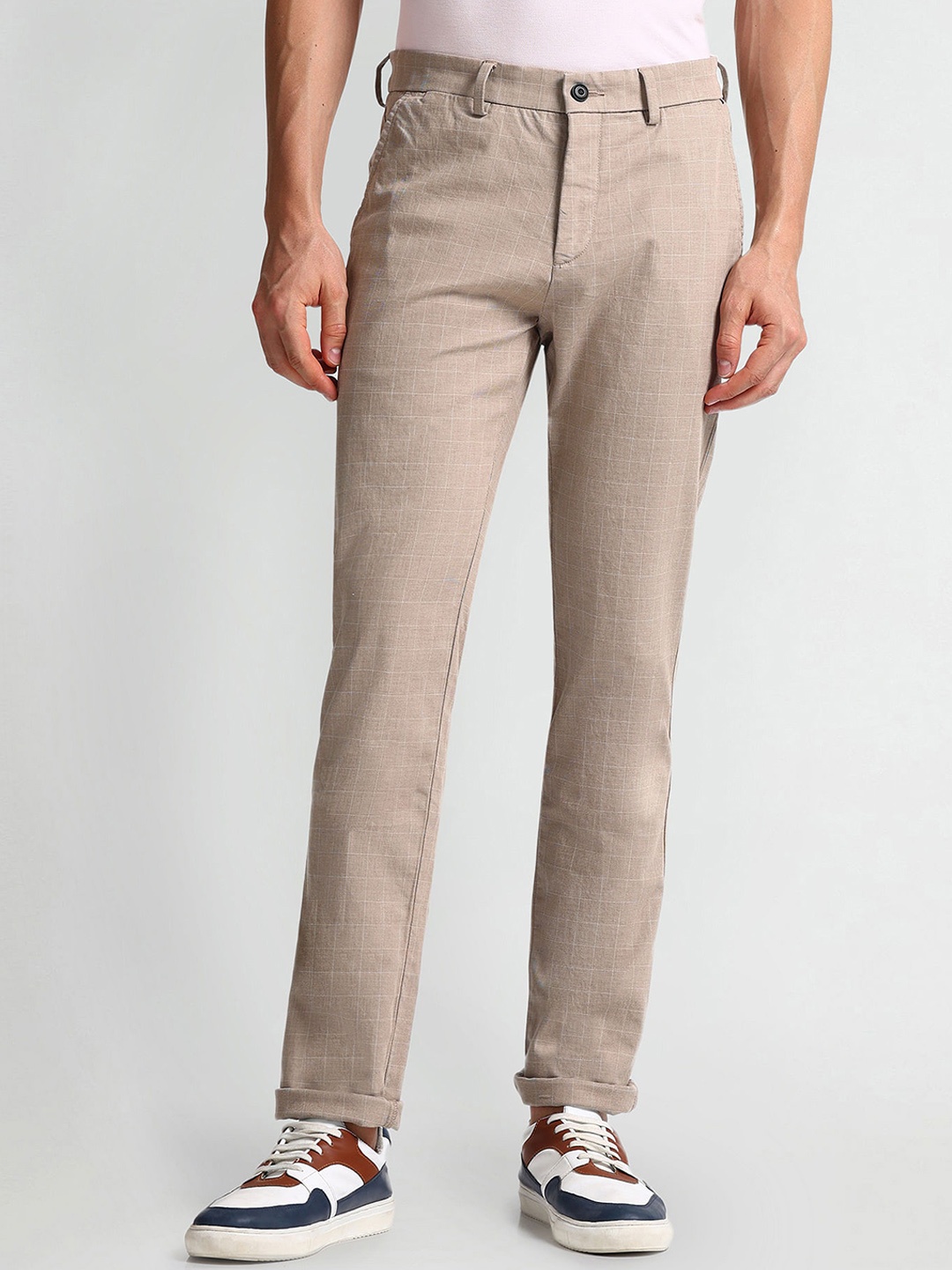 

Arrow Sport Men Checked Mid-Rise Skinny Fit Trousers, Khaki