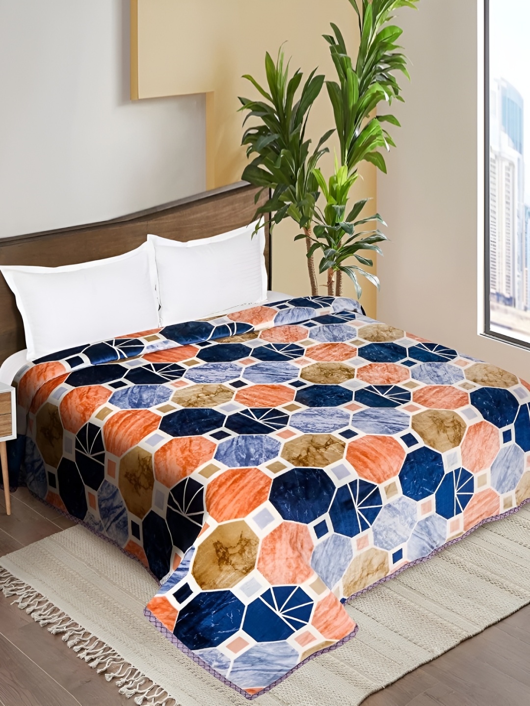 

Signature Blue & Orange Geometric AC Room 350 GSM Single Bed Blanket