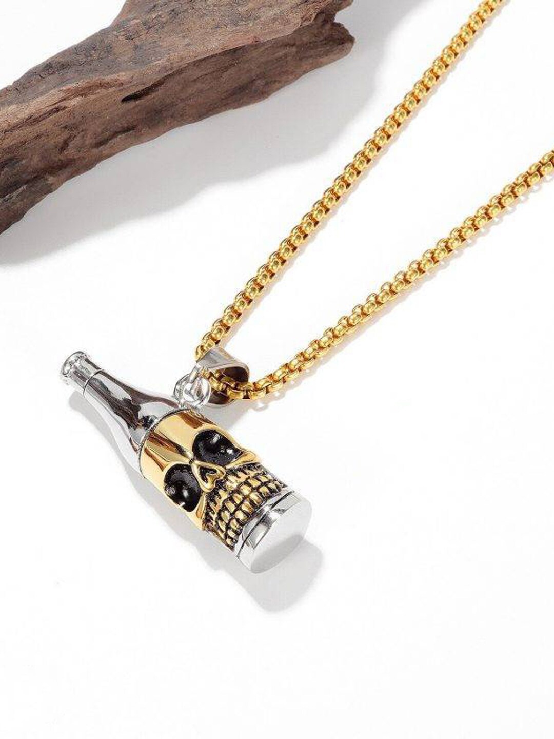 

Krelin Men Gold-Plated Punk Skull Bottle Pendant With Chain