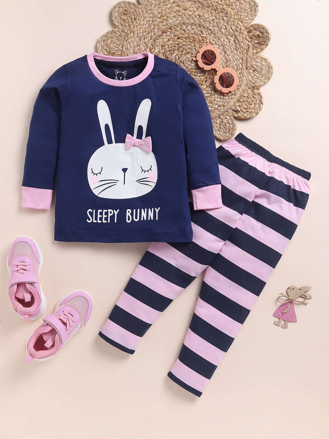 

YK Girls Graphic Printed Night Suits, Navy blue