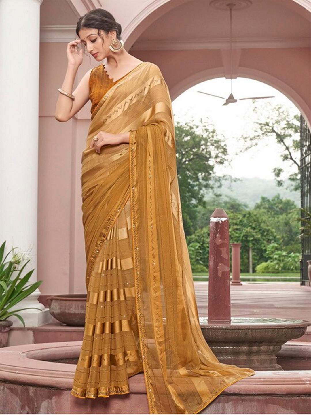 

Kalista Striped Beads And Stones Embellished Designer Saree, Yellow