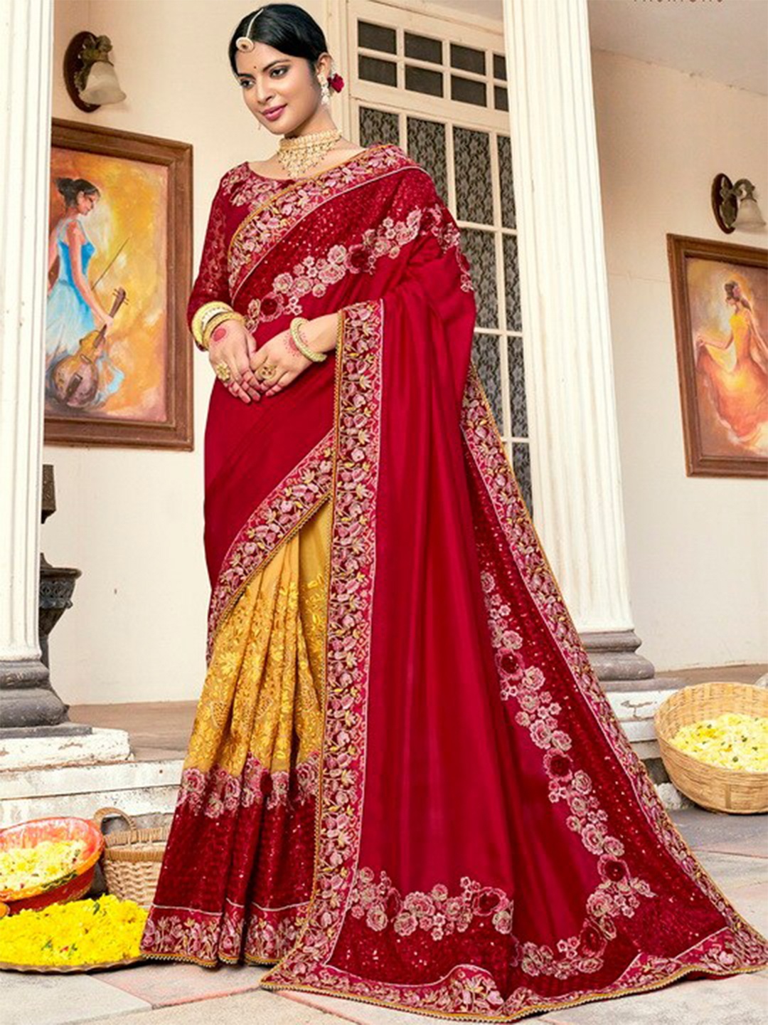 

Kalista Embellished Embroidered Saree, Red