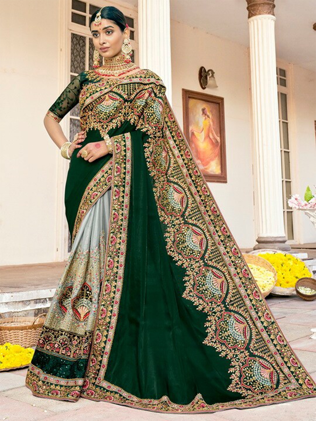 

Mitera Embellished Embroidered Heavy Work Saree, Green