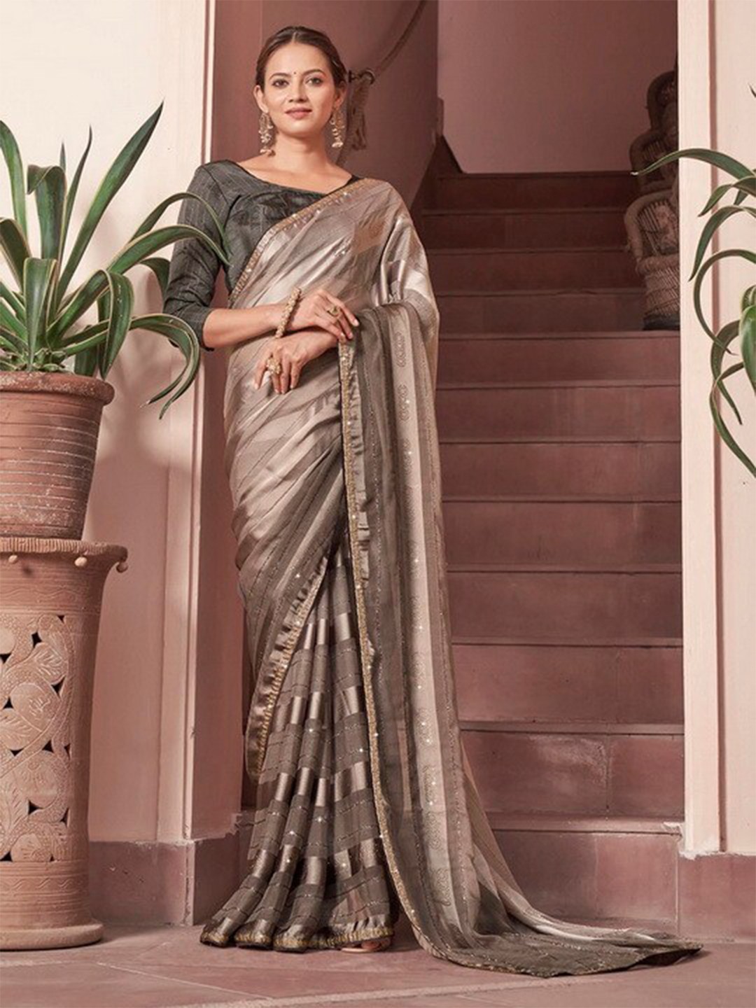 

Mitera Striped Beads And Stones Embellished Saree, Brown