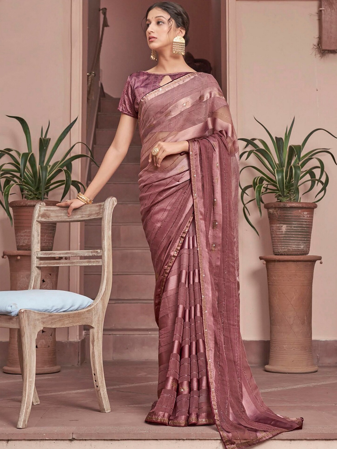 

Mitera Embellished Ombre Beads and Stones Designer Saree, Peach