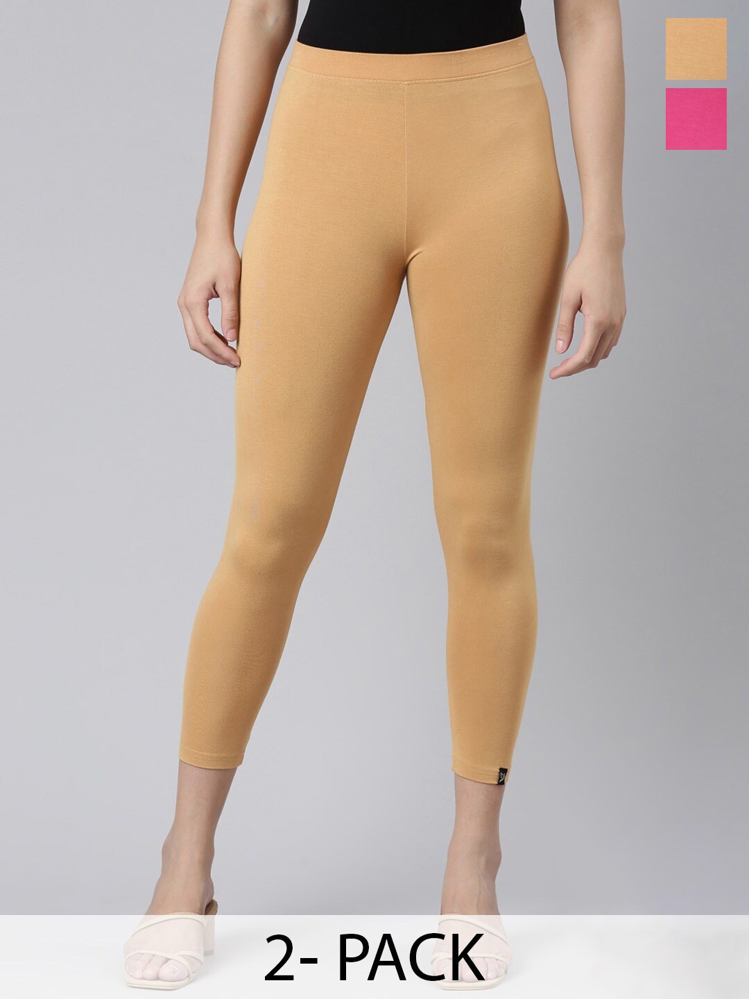 

Twin Birds Pack Of 2 Women Solid Skinny Fit High Ankle Cropped Leggings, Mustard