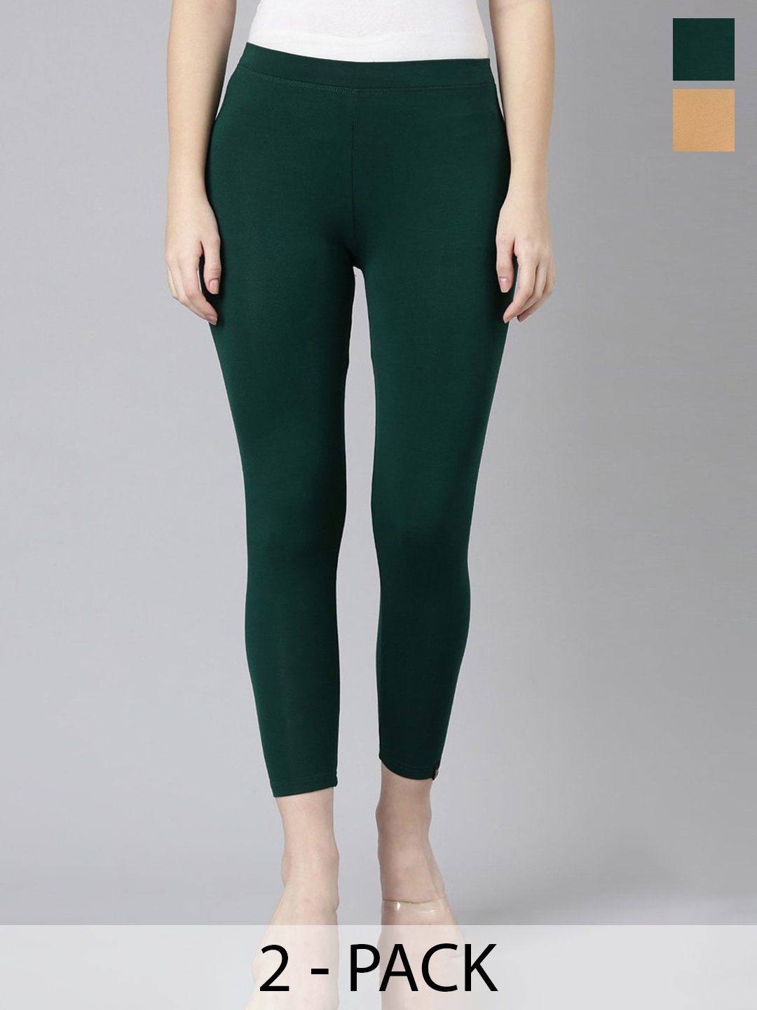 

Twin Birds Pack Of 2 Women Solid Skinny Fit High Ankle Cropped Leggings, Green
