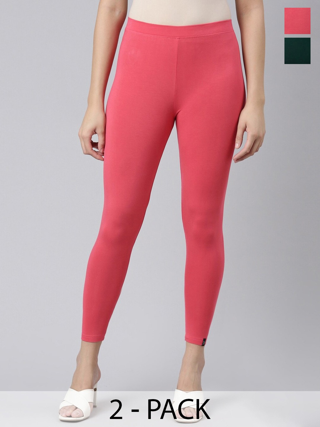 

Twin Birds Pack Of 2 Women Solid Skinny Fit High Ankle Cropped Leggings, Pink