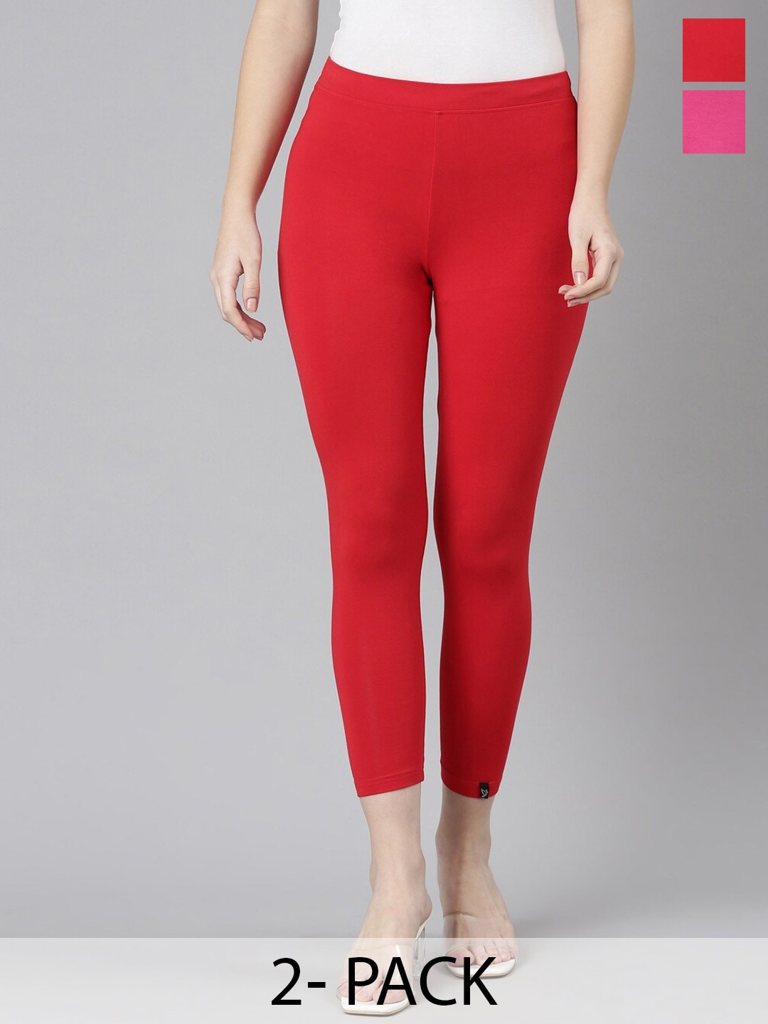 

Twin Birds Pack Of 2 Women Solid Skinny Fit High Ankle Cropped Leggings, Red
