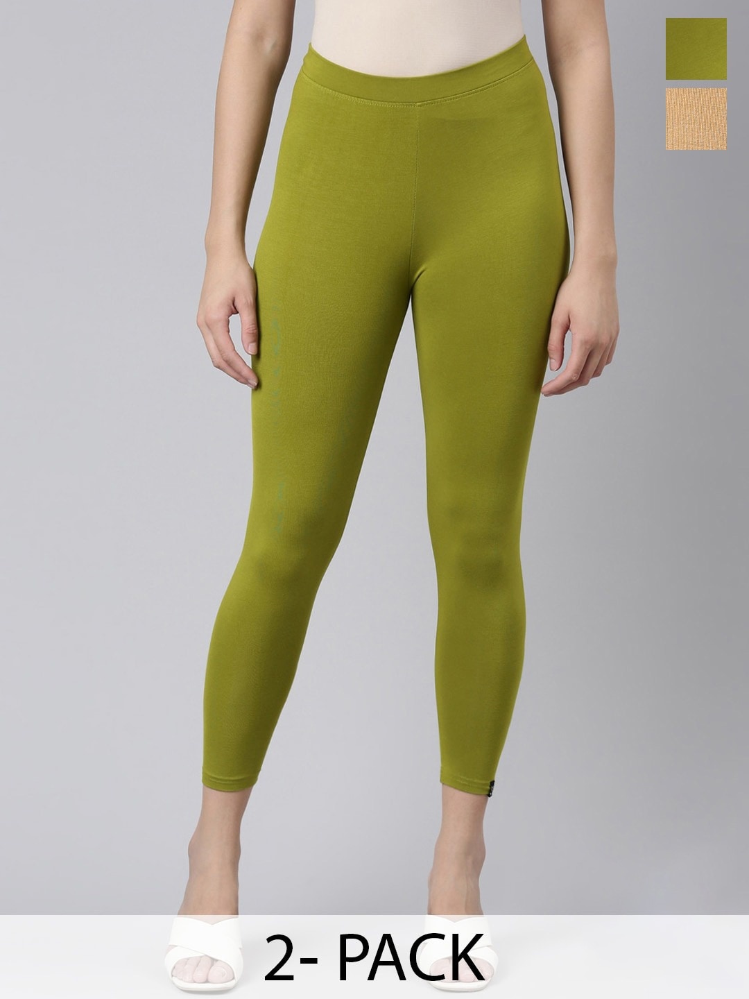 

Twin Birds Pack Of 2 Women Solid Skinny Fit High Ankle Cropped Leggings, Beige