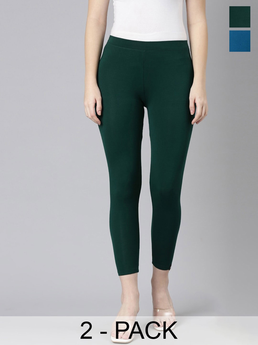 

Twin Birds Pack Of 2 Women Solid Skinny Fit High Ankle Cropped Leggings, Blue