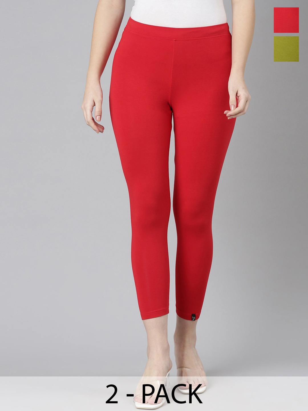 

Twin Birds Pack Of 2 Women Solid Skinny Fit High Ankle Cropped Leggings, Red