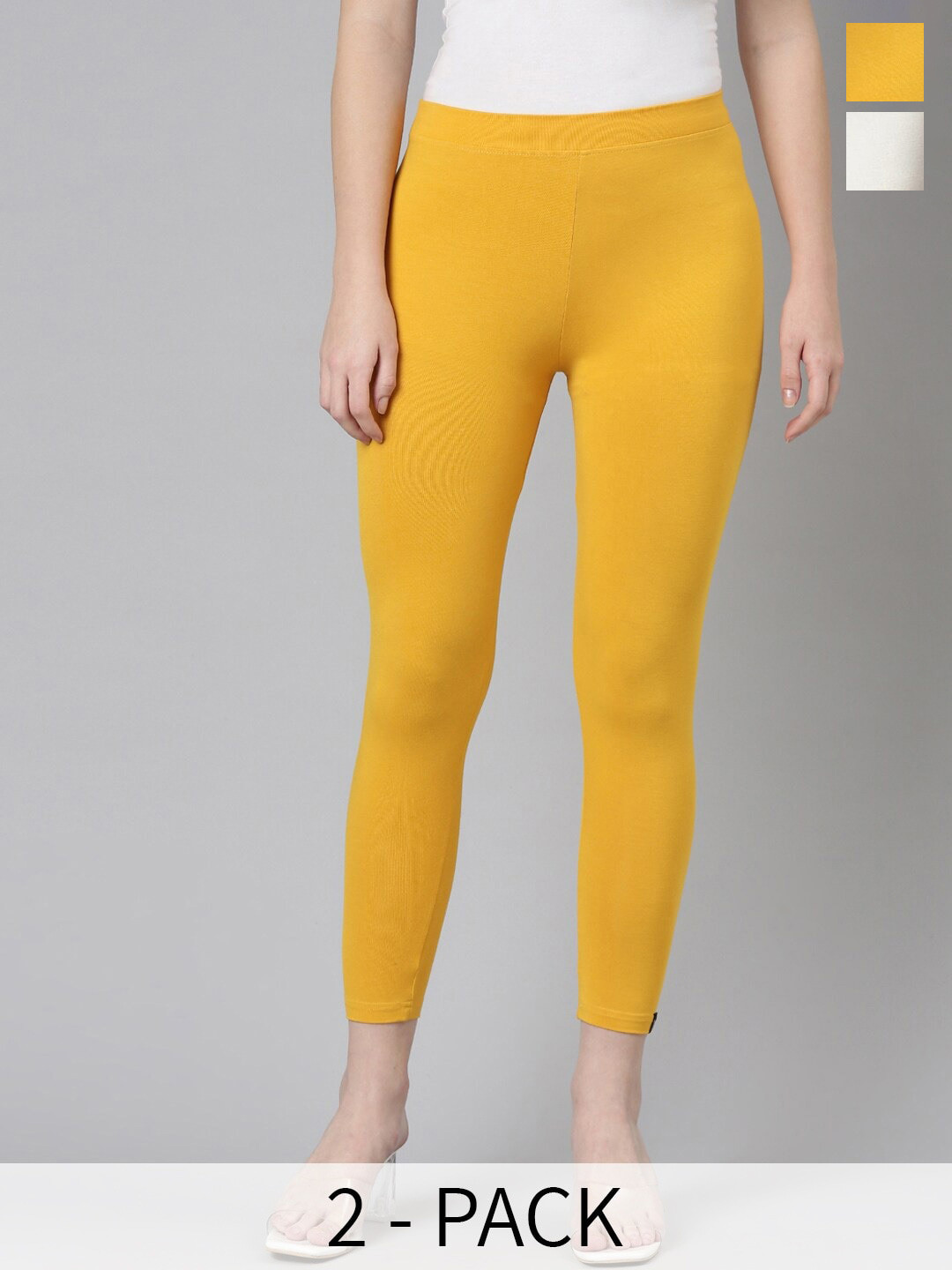 

Twin Birds Pack Of 2 Women Solid Skinny Fit High Ankle Cropped Leggings, Yellow