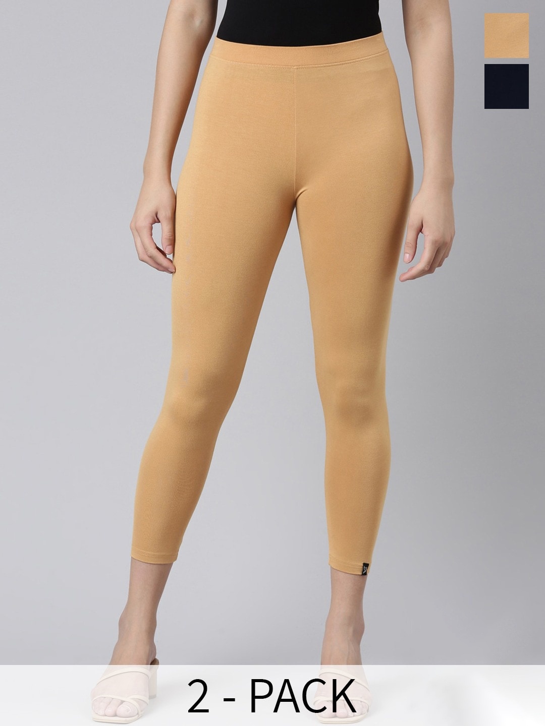 

Twin Birds Pack Of 2 Women Solid Skinny Fit High Ankle Cropped Leggings, Navy blue
