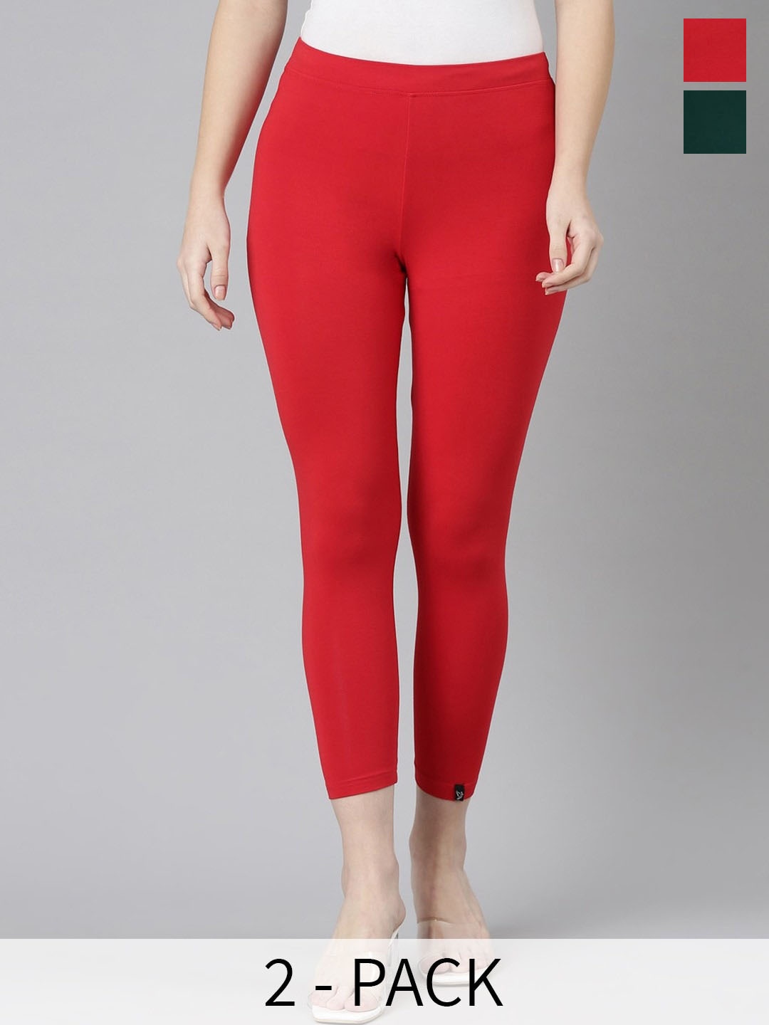

Twin Birds Pack Of 2 Women Solid Skinny Fit High Ankle Cropped Leggings, Red