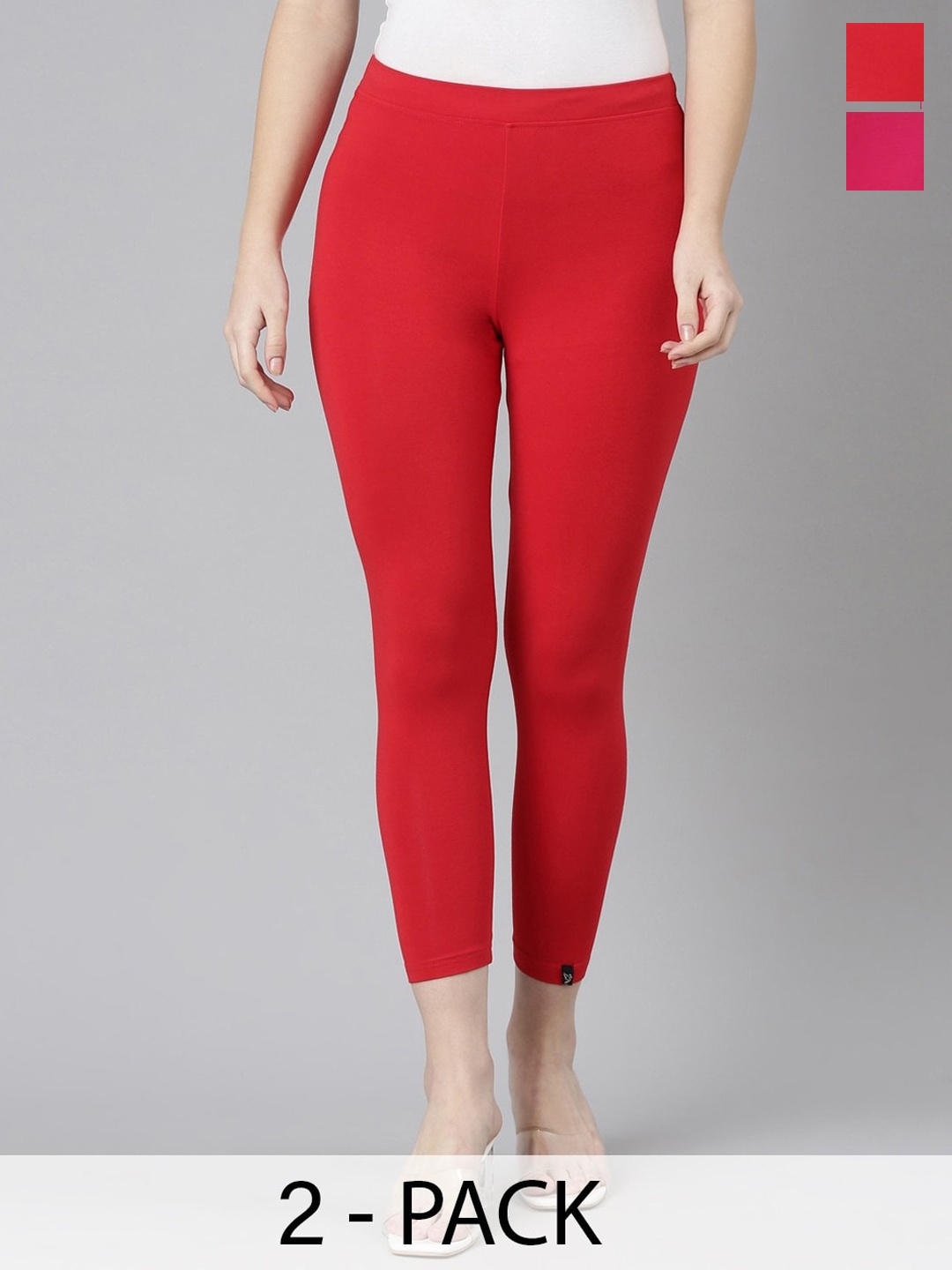 

Twin Birds Pack Of 2 Women Solid Skinny Fit High Ankle Cropped Leggings, Red