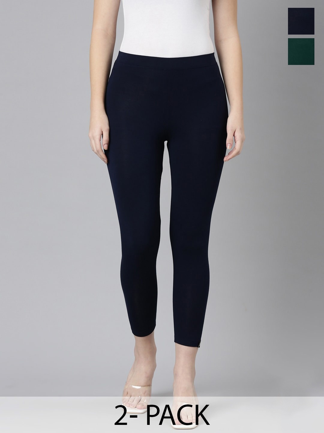 

Twin Birds Pack Of 2 Women Solid Skinny Fit High Ankle Cropped Leggings, Navy blue